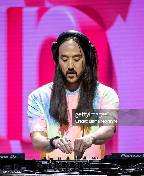 In this image released on May 02 Steve Aoki performs onstage during SHEIN Together Fest 2021 in Los Angeles, California.