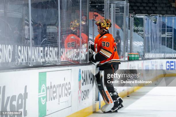 Goaltender Ryan Miller of the Anaheim Ducks leaves the ice after warm-up before the game against the Los Angeles Kings at Honda Center on May 1, 2021...