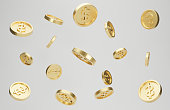 Explosion of gold coins with dollar sign on white background.