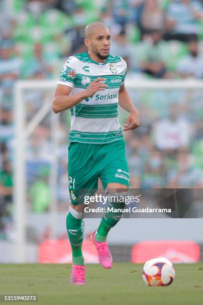 Matheus Doria of Santos controls the ball during the 17th round match between Santos Laguna and Puebla as part of the Torneo Guard1anes 2021 Liga MX...