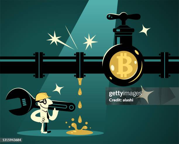 businessman (plumber, computer programmer) carrying a wrench and wearing a work helmet found the leaky pipeline which has a bitcoin cryptocurrency sign, he is going to solve the water (money) leak - plumber crack stock illustrations