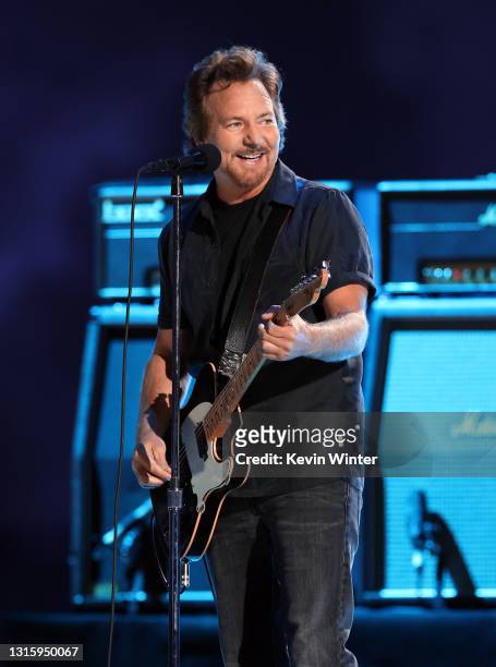 In this image released on May 2, Eddie Vedder performs onstage during Global Citizen VAX LIVE: The Concert To Reunite The World at SoFi Stadium in...
