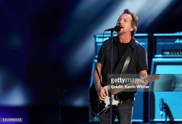 In this image released on May 2, Eddie Vedder performs onstage during Global Citizen VAX LIVE: The Concert To Reunite The World at SoFi Stadium in...