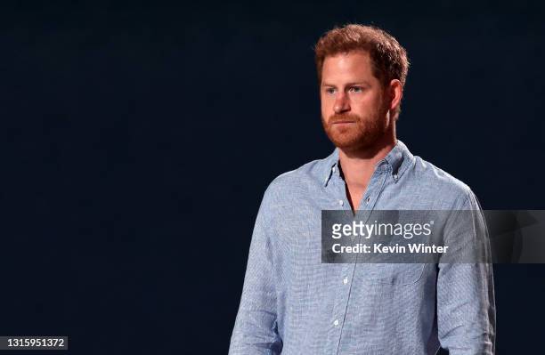 In this image released on May 2, Prince Harry, The Duke of Sussex, speaks onstage during Global Citizen VAX LIVE: The Concert To Reunite The World at...