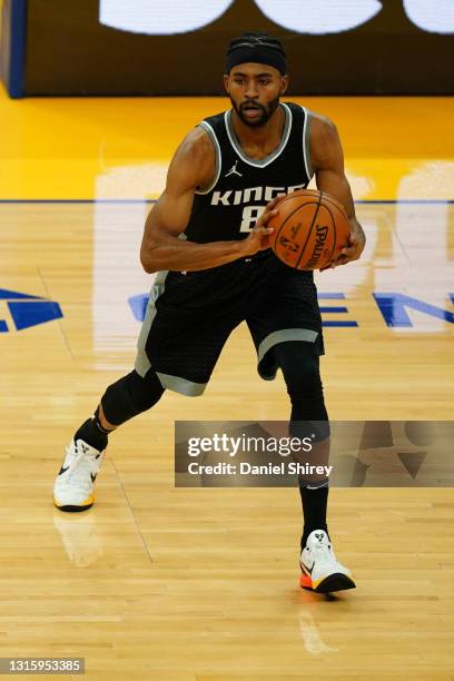 Maurice Harkless of the Sacramento Kings handles the ball during the game against the Golden State Warriors at Chase Center on April 25, 2021 in San...