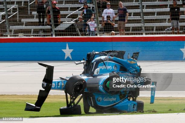 Conor Daly of United States, driver of the Carlin Chevrolet, flips at the start of the NTT IndyCar Series XPEL 375 at Texas Motor Speedway on May 02,...