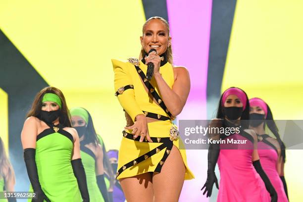 In this image released on May 2, Jennifer Lopez performs onstage during Global Citizen VAX LIVE: The Concert To Reunite The World at SoFi Stadium in...