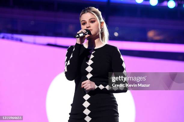 In this image released on May 2, Selena Gomez speaks onstage during Global Citizen VAX LIVE: The Concert To Reunite The World at SoFi Stadium in...