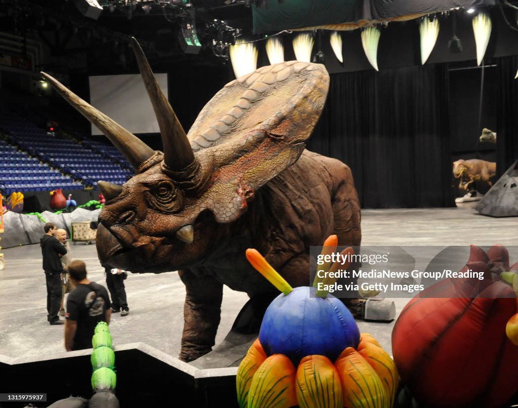 Walking With DinosaursInflatable prehistoric foilage rings the floor of the Sovereign Center as a 30-foot-long Torosaurus roams during a practice run Wednesday. Photo by Bill Uhrich 7/7/2010