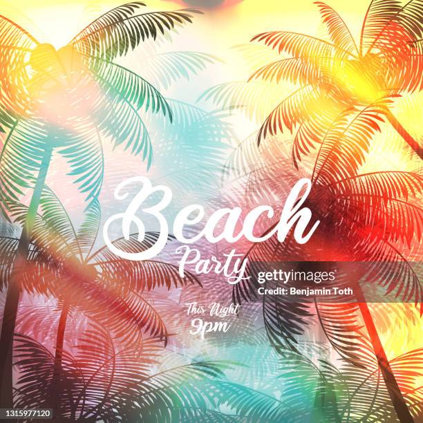 strand-party-plakat mit palme - flyers logo stock-grafiken, -clipart, -cartoons und -symbole