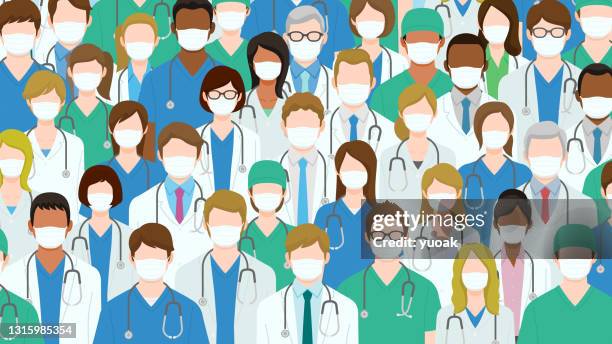 group of health care workers in medical masks. - asian elderly stock illustrations