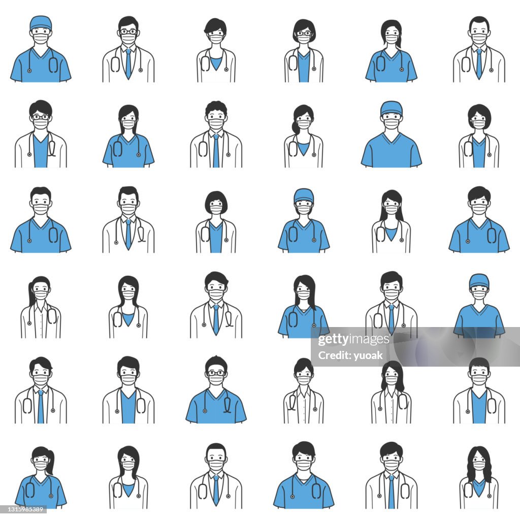 Um grupo de médicos e enfermeiros avatares em máscaras médicas.