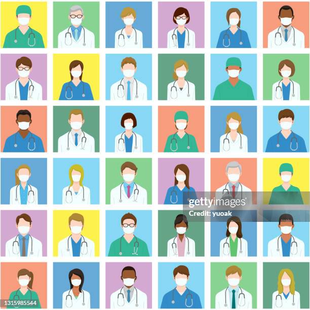 set of health care worker avatars in medical masks. - japan old lady stock illustrations