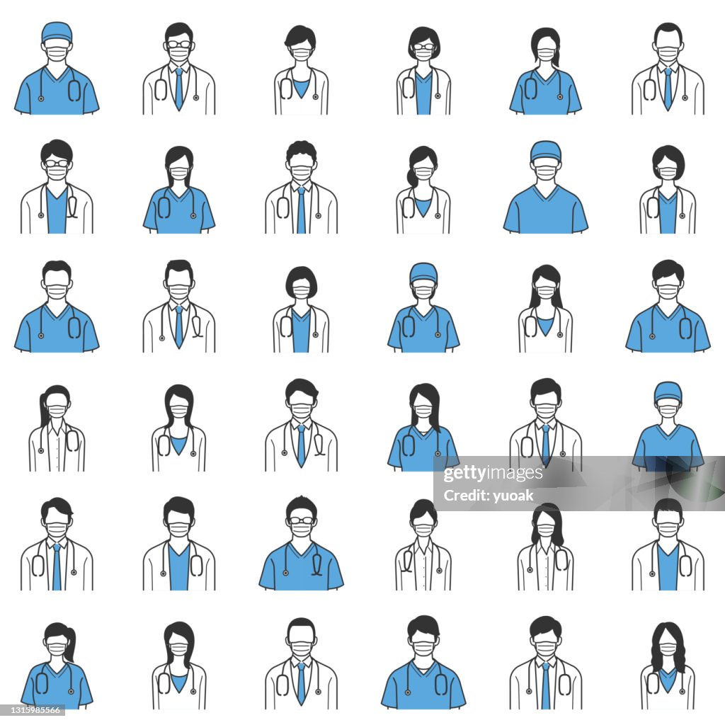 Um grupo de médicos e enfermeiros avatares em máscaras médicas.