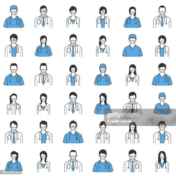 set of doctors and nurses avatars in medical masks. - japan old lady stock illustrations