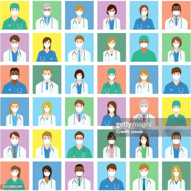 set of health care worker avatars in medical masks. - japan old lady stock illustrations