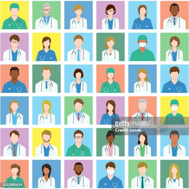 stockillustraties, clipart, cartoons en iconen met reeks artsen en verpleegsters avatars. - vrouwelijke dokter