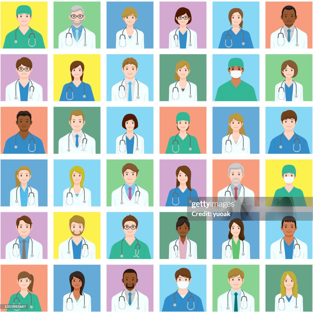 Conjunto de avatares de profissionais de saúde.