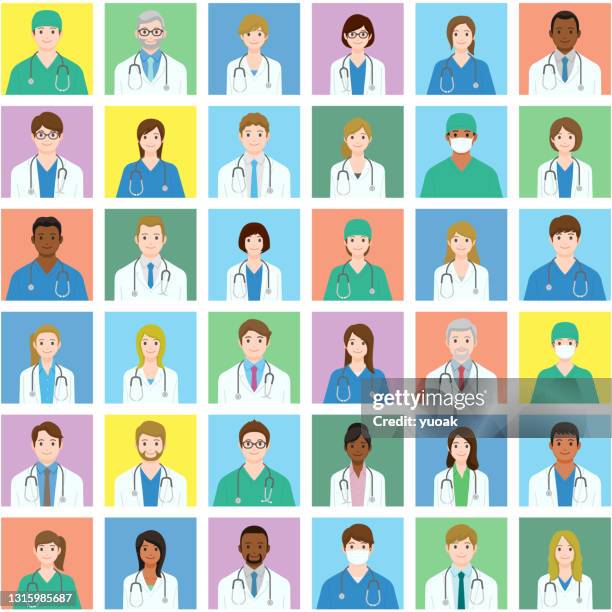 ilustrações de stock, clip art, desenhos animados e ícones de set of health care worker avatars. - doctor woman