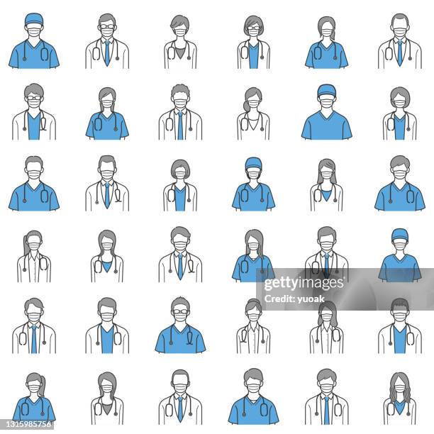 set of doctors and nurses avatars in medical masks. - japan old lady stock illustrations