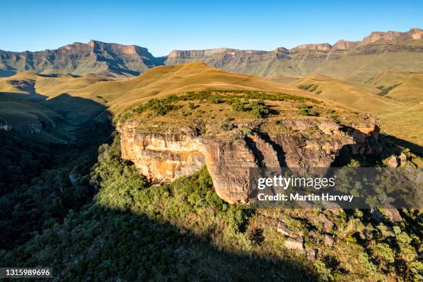 spectacular epic aerial view of giant's castle mountain in the drakensberg, south africa - maluti mountains stock pictures, royalty-free photos & images