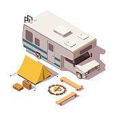 Vector isometric camper van and camping equipment on the isolated white background