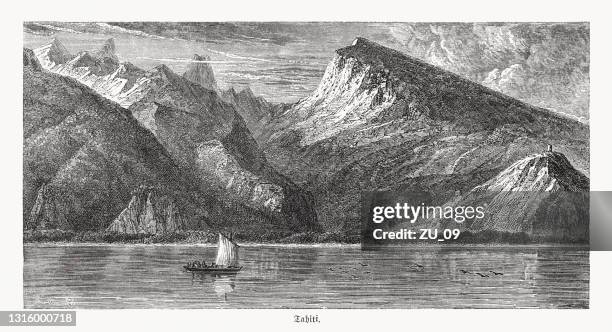 coastal view of tahiti, french polynesia, wood engraving, published 1868 - pacific islands stock illustrations