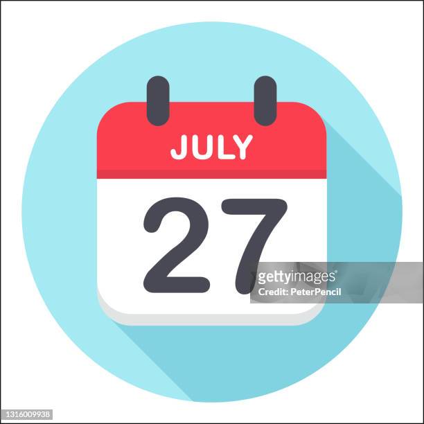 ilustraciones, imágenes clip art, dibujos animados e iconos de stock de 27 de julio - icono del calendario - ronda - julio