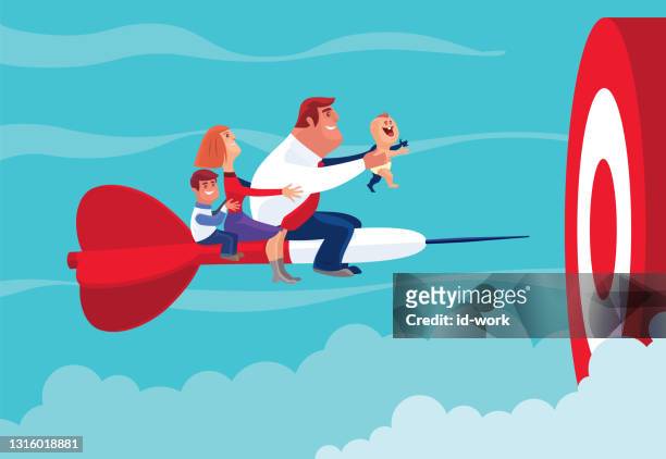 happy family with big dart hitting target - flying dad son stock illustrations