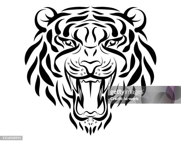 illustrazioni stock, clip art, cartoni animati e icone di tendenza di ruggente mascotte tigre in bianco e nero - anno della tigre