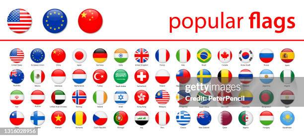 world flags - vector round glossy icons - most popular - usa russia flag stock illustrations