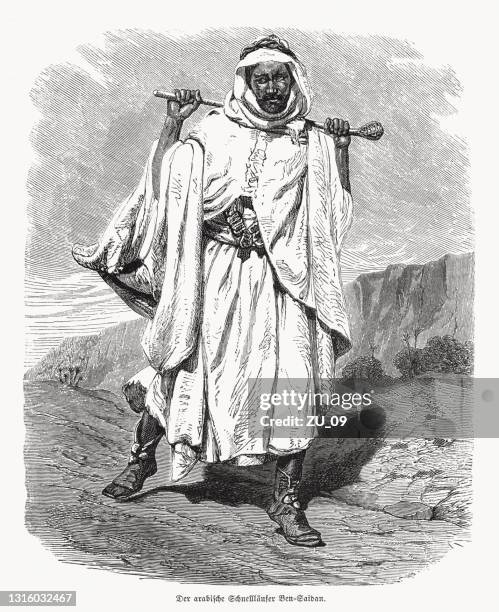 arab runner ben saidan, laghouat, algeria, wood engraving, published 1868 - algeria stock illustrations