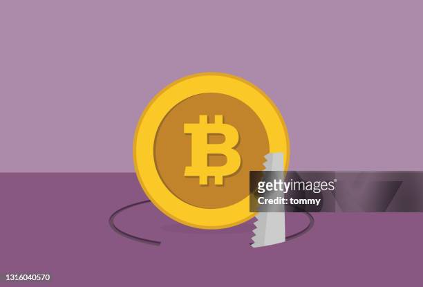 businessman uses a saw cut a floor for a cryptocurrency coin - stealing stock illustrations