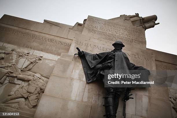 Bronze sculpture of a gunner stands on the Royal Artillery Memorial at Hyde Park Corner on 4, 2011 in London, England. English Heritage has carefully...