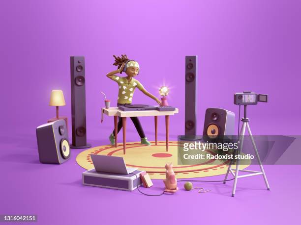 dj playing music and streaming - cartoon home 3d illustration - temptation stock pictures, royalty-free photos & images