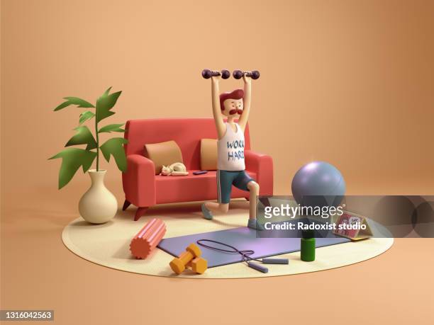 hard excercise man - cartoon home 3d illustration - illustration technique stock pictures, royalty-free photos & images