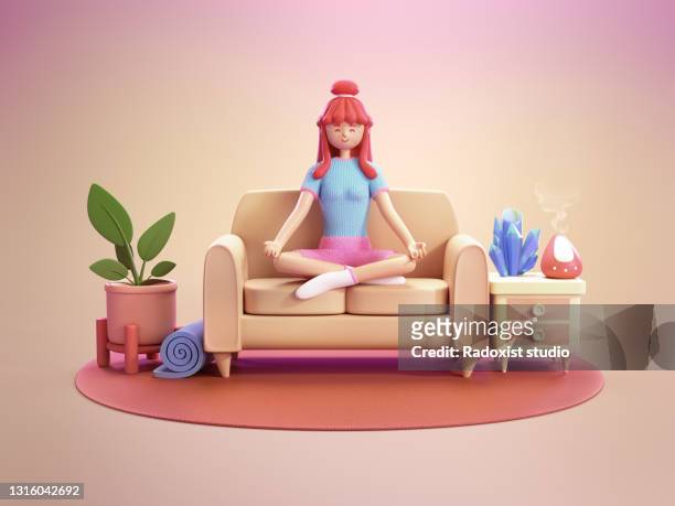 girl meditating on sofa - cartoon home 3d illustration - illustration technique stock pictures, royalty-free photos & images