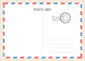Postcard template. Paper blank postal card backside with stamp and striped frame. Empty vintage mail white letter for message vector mockup