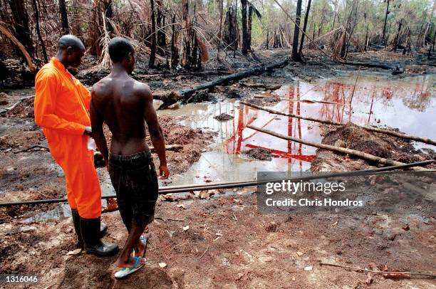 Oil company workers survey an oil spill at the Shell-owned Etelebu flow station March 8, 2001 in Etelebu, Nigeria. Nigeria is the world''s sixth...