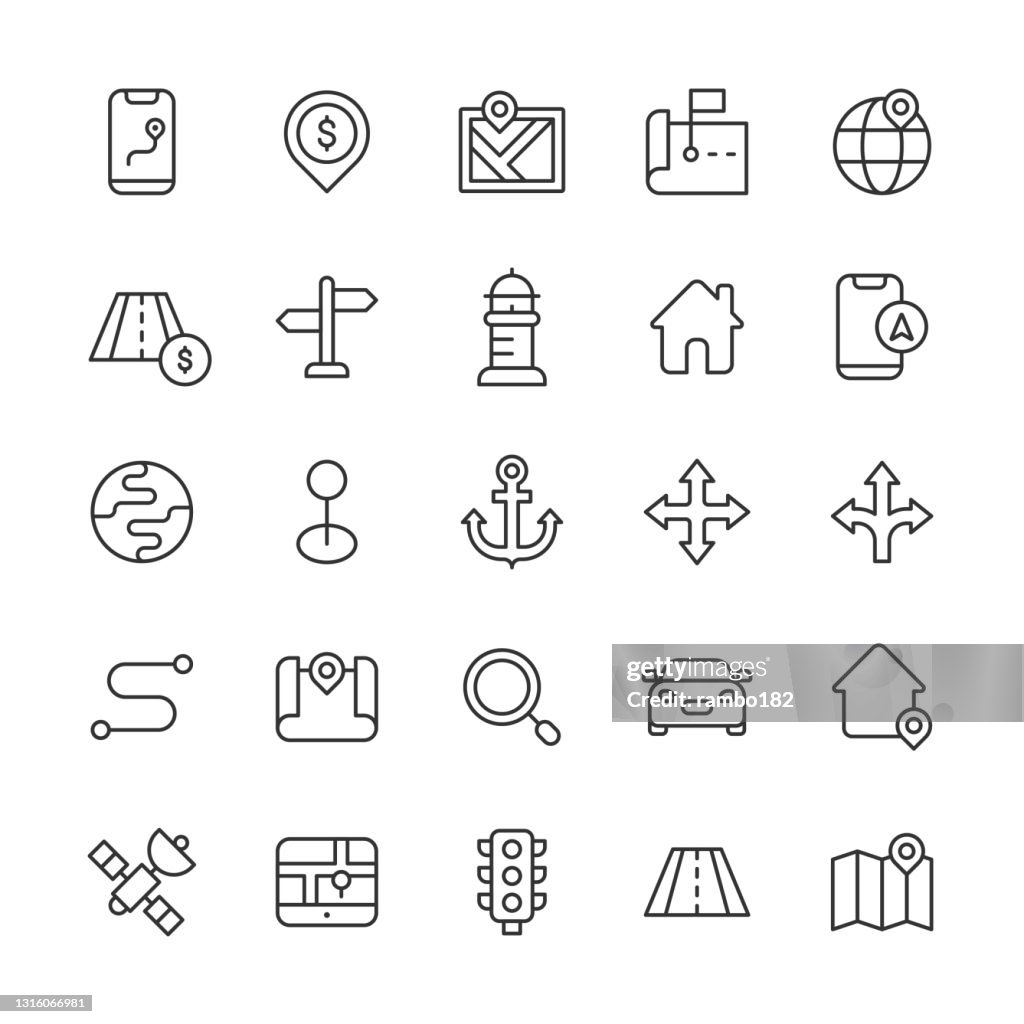 Navigatielijnpictogrammen. Bewerkbare lijn. Pixel Perfect. Voor mobiel en web. Bevat pictogrammen zoals Auto, Stad, Bestemming, Richting, Afstand, Rijden, Globe, GPS, Kaart, Pad, Betaling, Weg, Route, Satelliet, Toerisme, Verkeer, Vervoer, Reizen, Voertuig