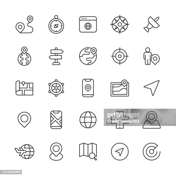navigation line icons. editable stroke. pixel perfect. for mobile and web. contains such icons as car, city, destination, direction, distance, driving,  globe, gps, map, path, payment, road, route, satellite, tourism, traffic, transport, travel, vehicle. - adventure icons stock illustrations