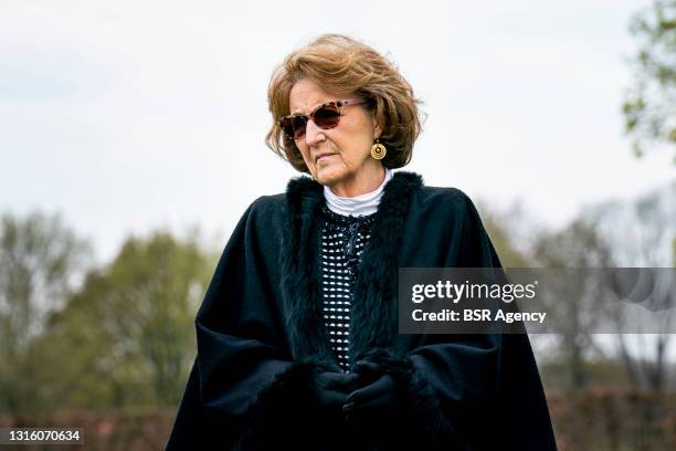 Her Royal Highness Princess Margriet is seen visiting the photo exhibition The Faces Of Groesbeek at the Canadian War Cemetery on May 3, 2021 in...