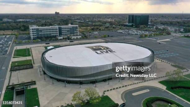 Aerial of NYCB Live Nassau Coliseum in Uniondale, New York on April 21, 2021.