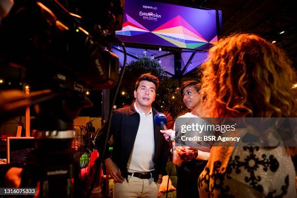 Edsilia Rombley and Jan Smit are seen during the presentation of the hosts of the Eurovision Song Contest in Ahoy event center on May 3, 2021 in...