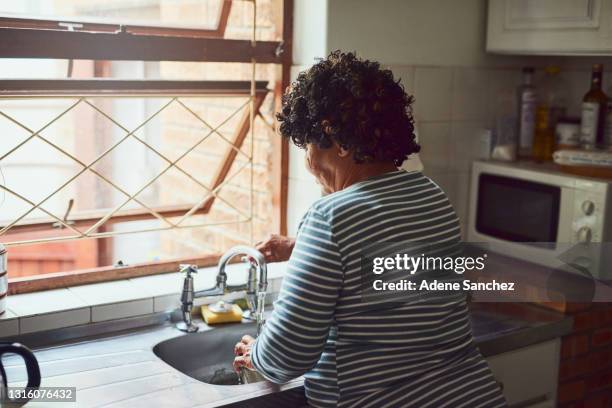 tiro de uma idosa limpando pratos em sua cozinha em casa - back shot position - fotografias e filmes do acervo