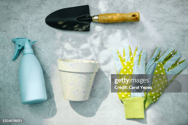 directly above shot of gardening equipment arranged on table - gardening glove stock pictures, royalty-free photos & images