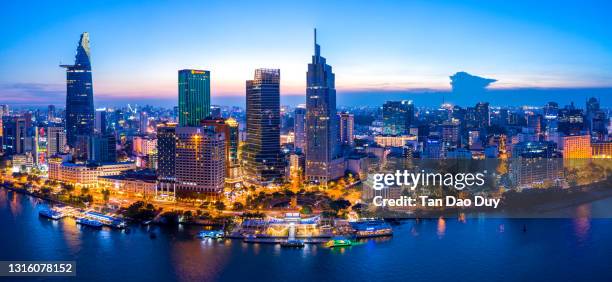 vietnam, ho chi minh city, bach dang wharf aerial view - ho chi minh city stockfoto's en -beelden