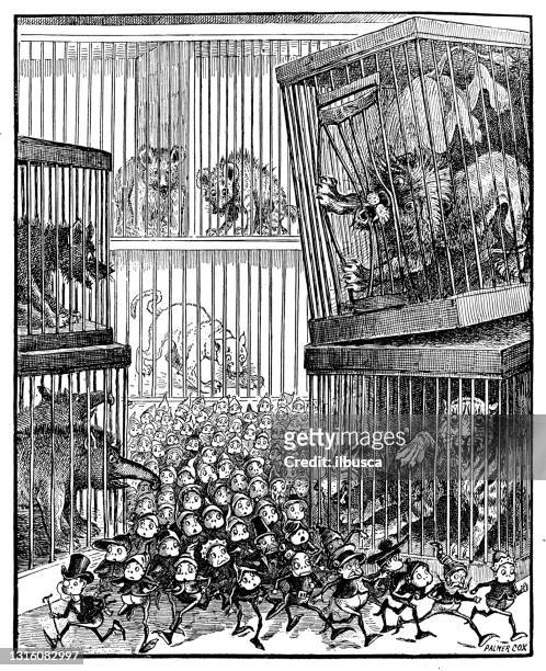 antique illustration of funny cartoon comic characters ("the brownies", 1887) - animals in captivity stock illustrations