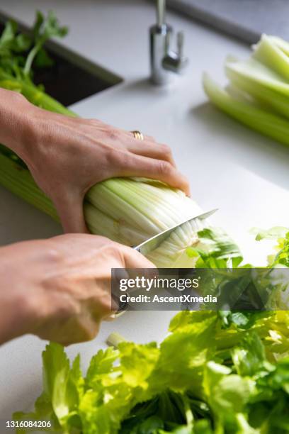chef donna taglia sedano su tagliere - celery foto e immagini stock