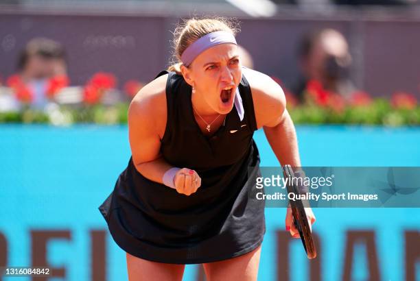 Petra Kvitova of the Czech Republic celebrates a point in her round of 16 match against Veronika Kudermetova of Russia on day five of the Mutua...